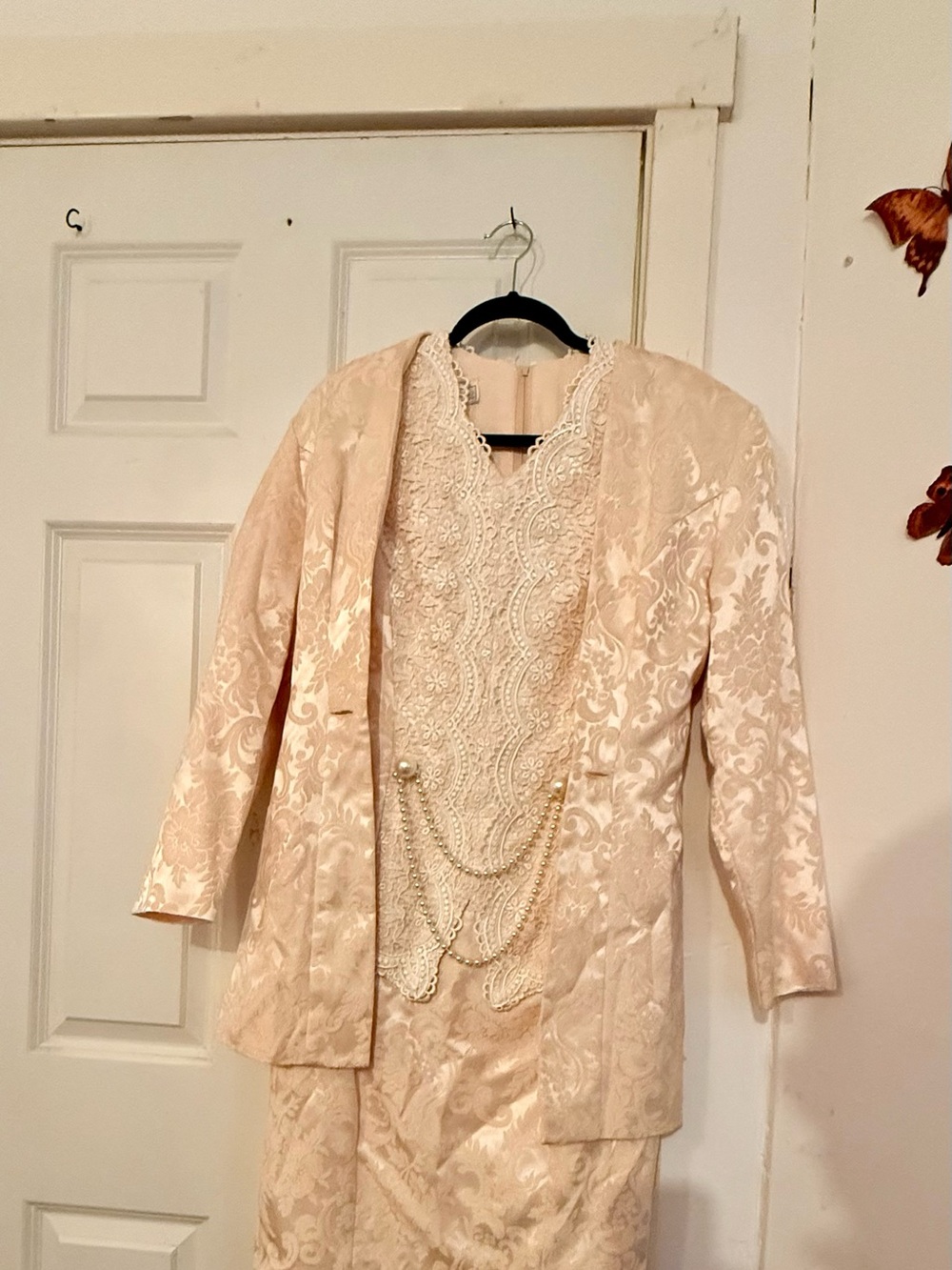Vintage Jessica McClintock Bridal Peach/Crean Lace Sheath Dress Matching Jacket